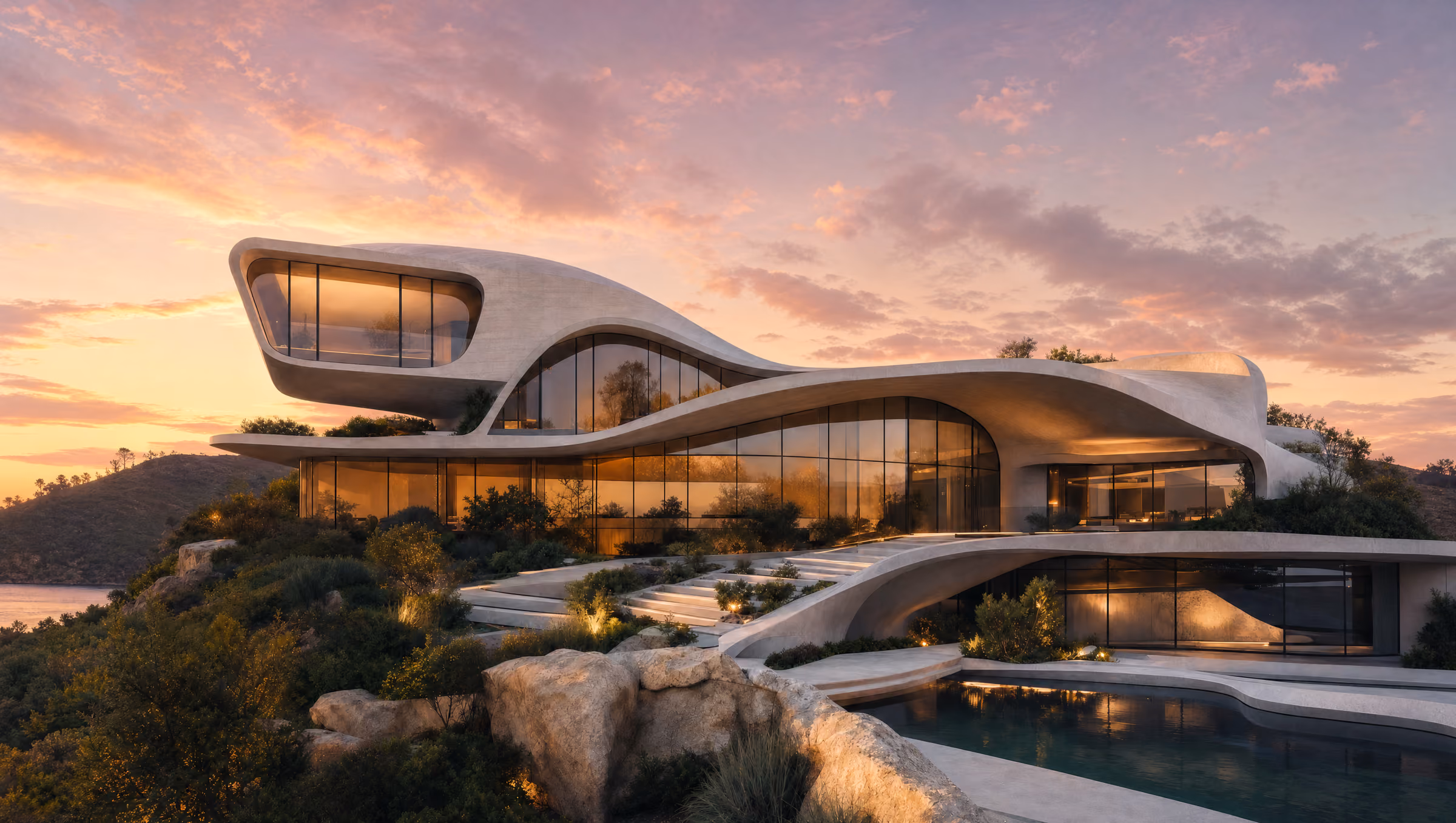 A curved white concrete villa on a hillside at sunset, its cantilevered roof sweeping over glazed living spaces above a pool.